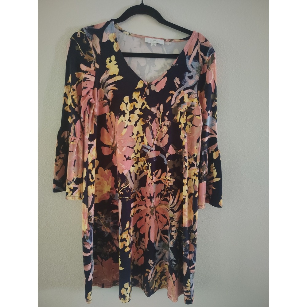 New‎ Directions Floral V-Neck Bell Sleeve Shift Dress Navy Pink Yellow Small - Picture 4 of 4